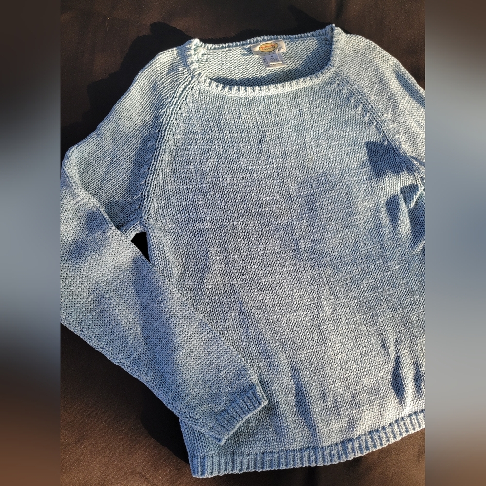 VINTAGE Talbots Soft Sky Blue Crew Neck Cable Knit Sweater Medium Petite Cozy